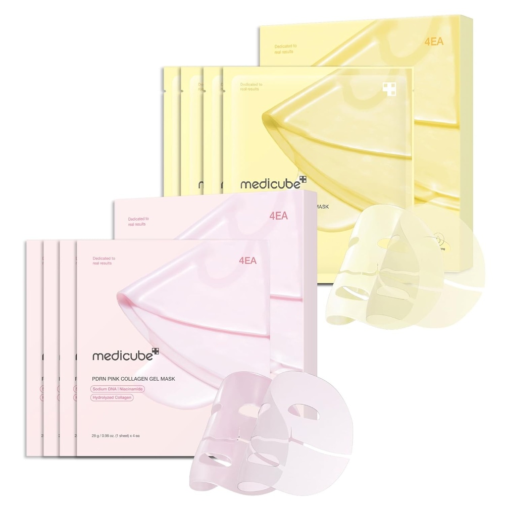 image:imagemedicube ColorChanging Jelly Mask Set For Uneven Skin Tone amp Radiant Glow Salmon DNA PDRN pink collagen jelly gel mask 4ea and Kojic Acid Turmeric Brightening Gold Jelly Gel Mask 4ea