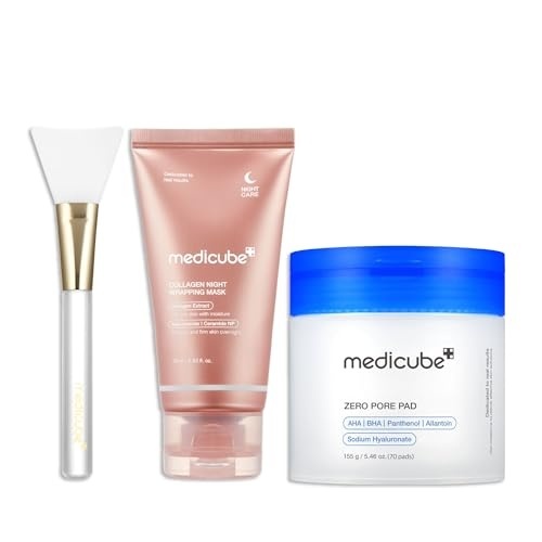 image:imagemedicube Korean Viral Duo for Glass Glow Skin Zero Pore Pads 20 and Collagen Overnight Wrapping Peel Off Facial Mask Pack and Jelly Brush Gifts for Women Skin Care Set