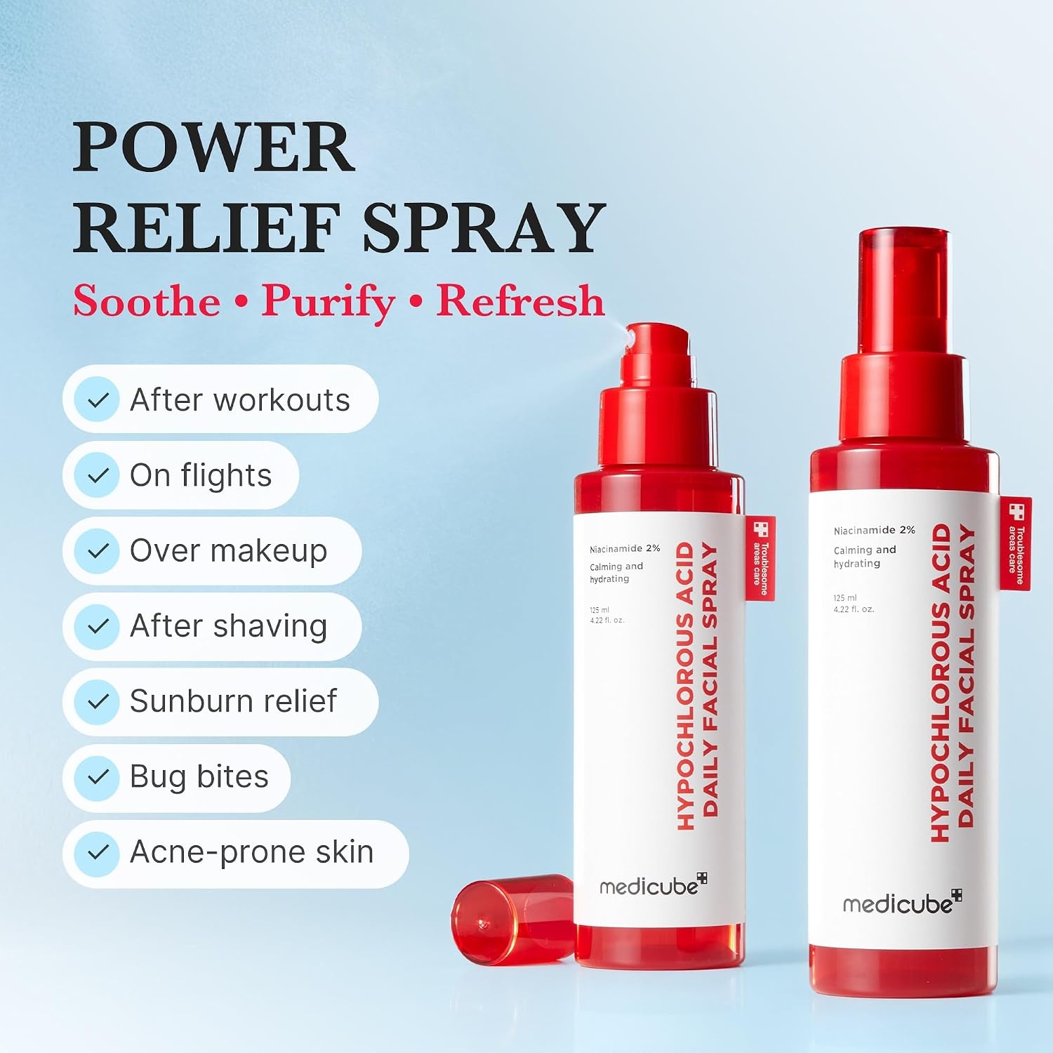 image:imagemedicube Power Soothing Spray Duo Hypochlorous Acid Full amp Mini Set for Instant Hydration and Soothing Care Hypochlorous Acid Facial Mist Travel Size Gift Set 169 floz amp 422 floz