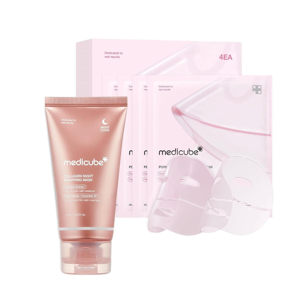 image:imagemedicube All Day Glass Glow Skin Duo Collagen Overnight Wrapping Peel Off Mask and Salmon DNA PDRN Pink Collagen Jelly Gel Mask 4ea Firming Mask Duo Korean Skincare Gifts for Women