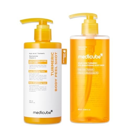 image:imagemedicube Kojic Acid Brightening Body Care Duo Turmeric Body Peel Shot and Kojic Acid Body Wash For Brightening Exfoliating with Citrus Scent for Fresh Shower Routine