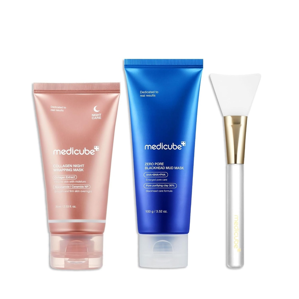 image:imagemedicube Korean Viral Glass Skin Mask Duo Collagen Overnight Wrapping Peel Off Facial Mask Pack and Zero Pore Blackhead Mud Facial Mask and Jelly Brush Gifts for Women Skin Care Set