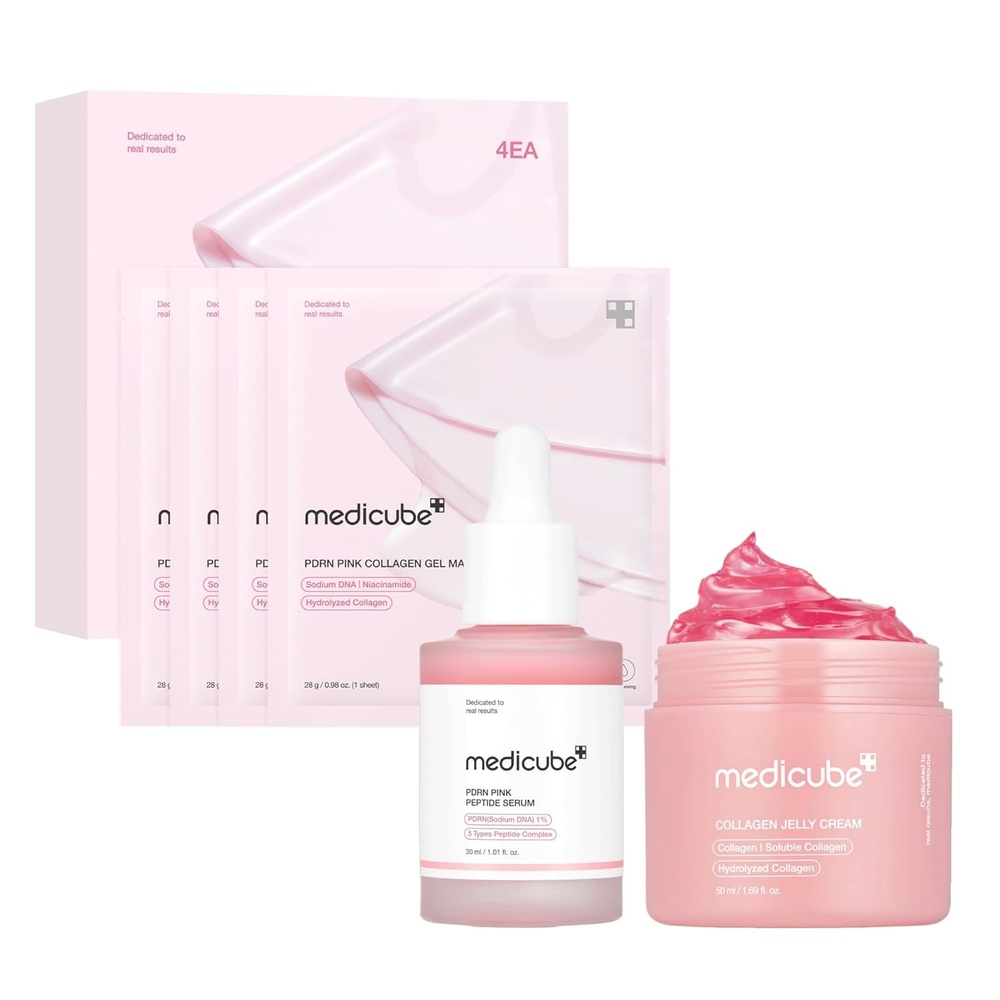 image:imagemedicube Pink Glass Glow Skin Trio Salmon DNA PDRN pink collagen jelly gel mask 4ea and PDRN Peptide Serum glow serum and Collagen Jelly Cream 50ml