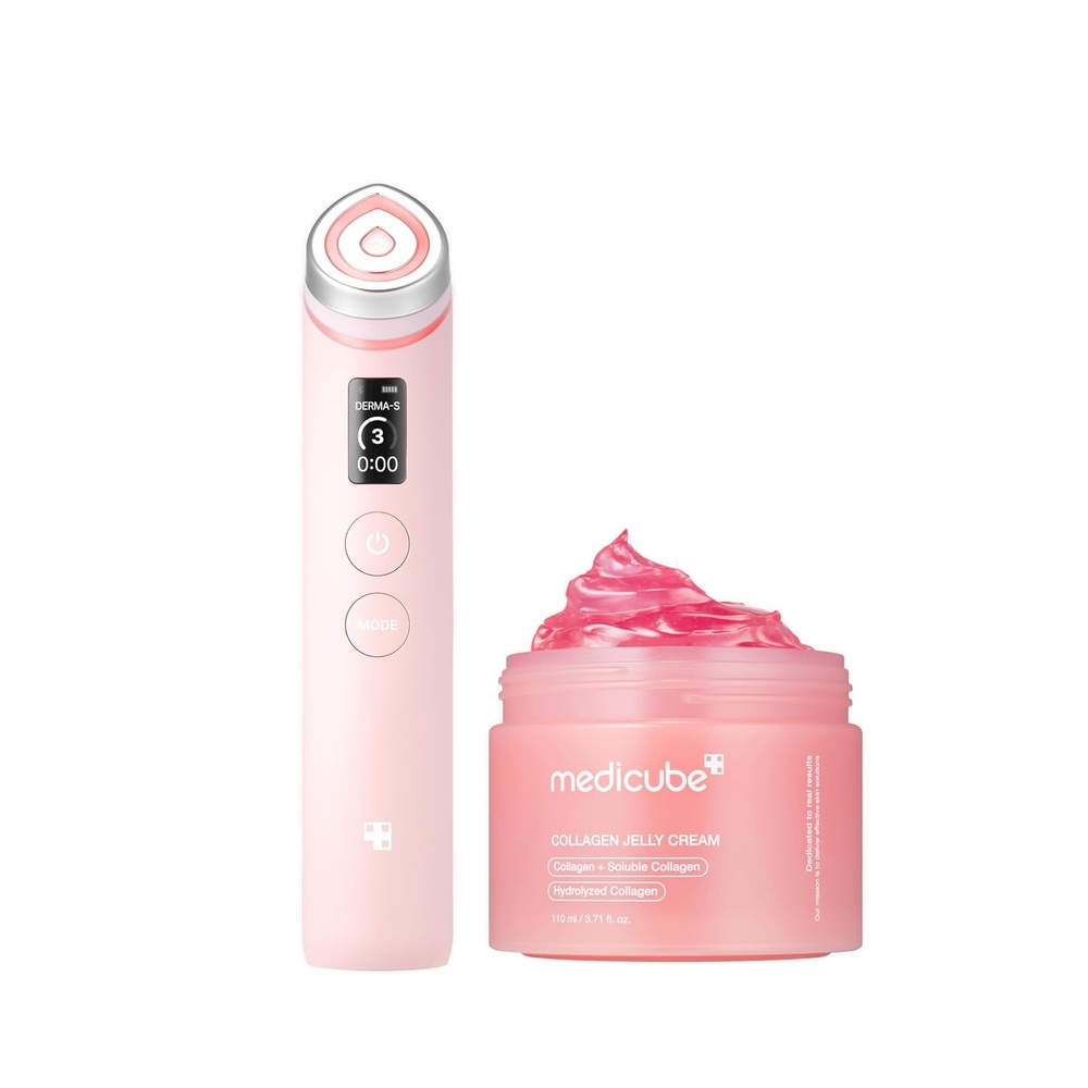 image:imagemedicube Pink Skincare Set for Glass Glow Skin Booster Pro Pink and Collagen Jelly Cream 110ml  6IN1 Real Glass Glow Beauty Massager  Niacinamide amp FreezeDried Hydrolyzed Collagen  Skincare Set