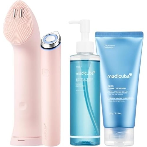 image:imagemedicube Ultimate Double Cleansing Set Mini Booster Pro Plus Cleansing Device Set Pink Zero Pore Blackhead Cleansing Oil and Zero Foam Cleanser