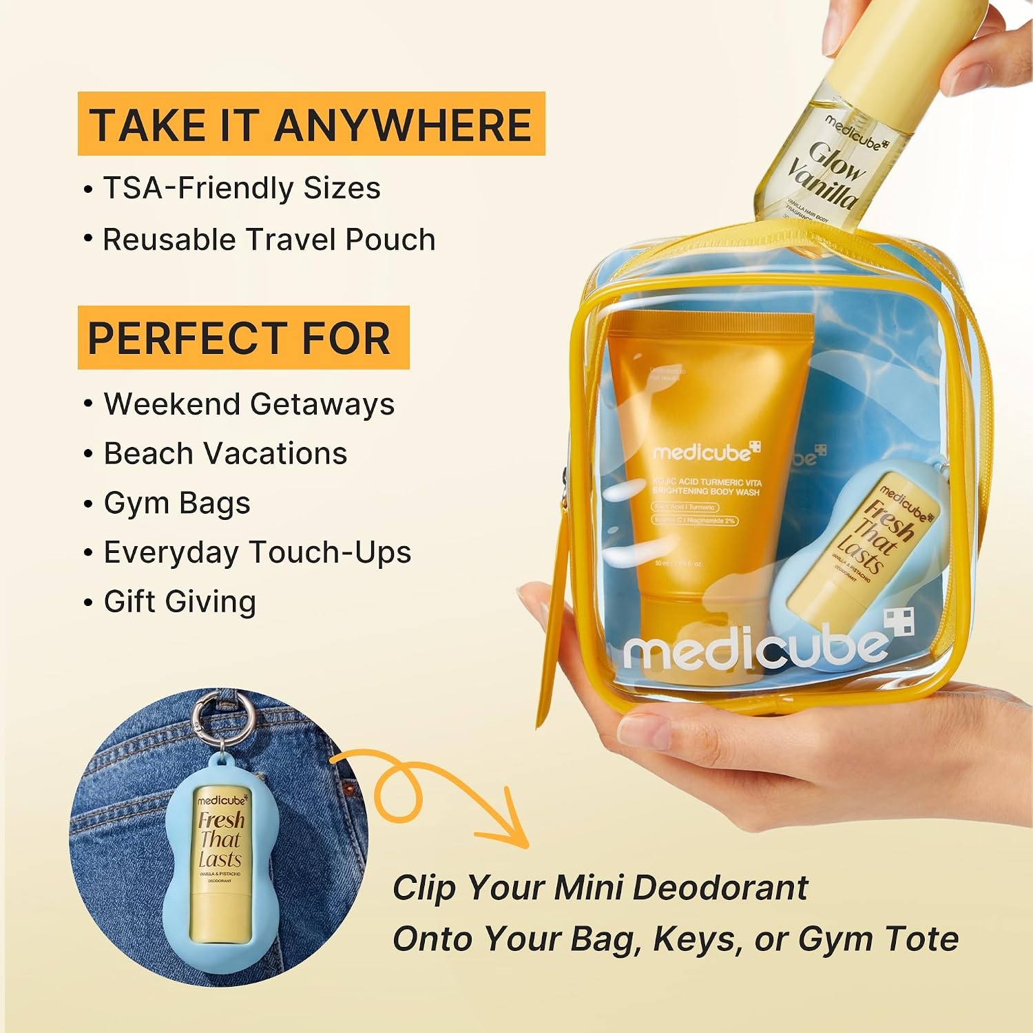 image:imagemedicube Fresh Glow Body Kit TravelReady Hair amp Body Set Mini body wash deodorant and hair amp body fragrance mist for fresh glow body Kojic Acid for Brightening