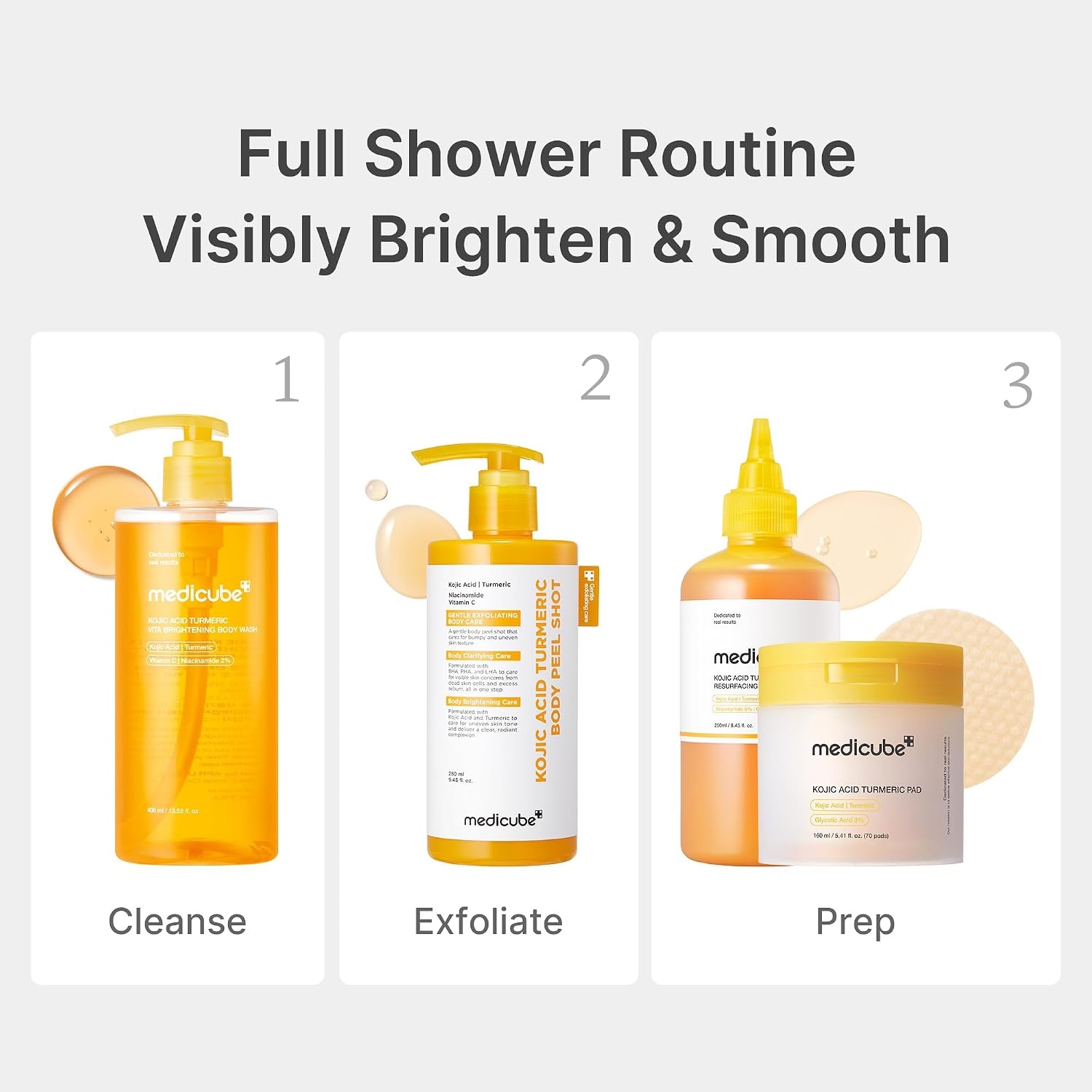 image:imagemedicube Kojic Acid Body Wash amp Prep Duo Kojic Acid Turmeric Toner Pads and Turmeric Body Wash Simple Cleanse amp Swipe Routine for GlowingLooking Body Skin