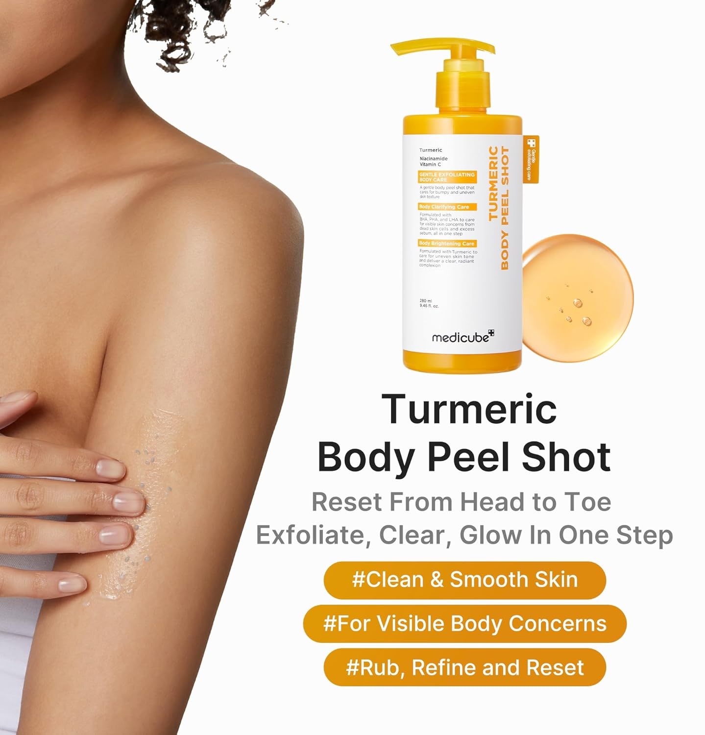 image:imagemedicube Kojic Acid Brightening Body Care Duo Turmeric Body Peel Shot and Kojic Acid Body Wash For Brightening Exfoliating with Citrus Scent for Fresh Shower Routine
