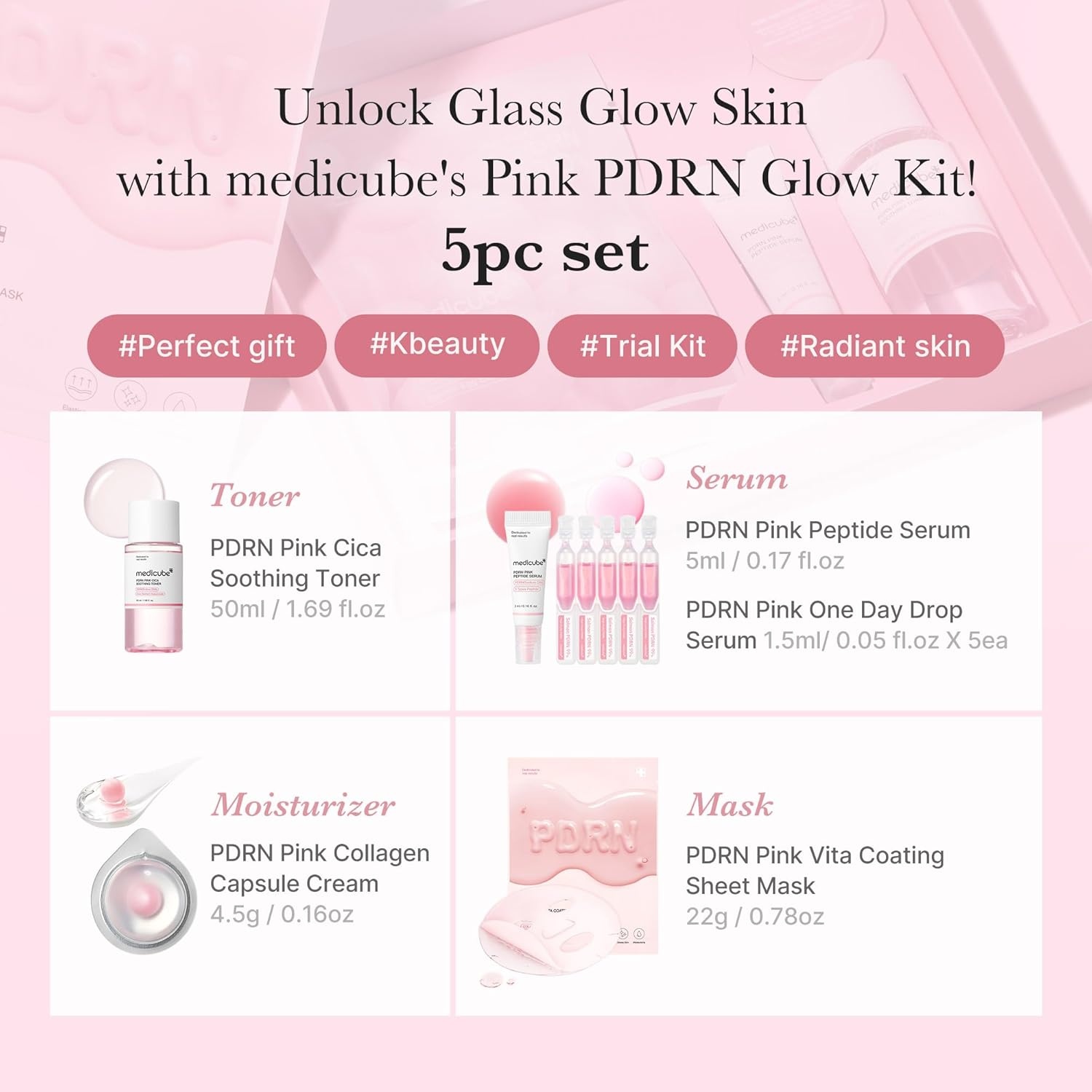 image:imagemedicube Salmon DNA PDRN Glow Kit Travel Essential Mini Skincare Set Glass Glow Mini Skincare Set with Toner Serum amp Sheet Mask For Hydrating Firming Moisturizing Korean SkincarePDRN Glow Kit