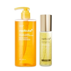 medicube Kojic Acid Body Wash & Glow Spray Duo: Kojic Acid Turmeric Brightening Body Wash and Turmeric Vitamin Gold Jelly Mist Serum | 2-Step Cleanse & Spray for Glowing Body, Post-Shower Routine