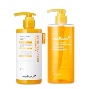 medicube Kojic Acid Brightening Body Care Duo: Turmeric Body Peel Shot and Kojic Acid Body Wash | For Brightening, Exfoliating with Citrus Scent for Fresh Shower Routine