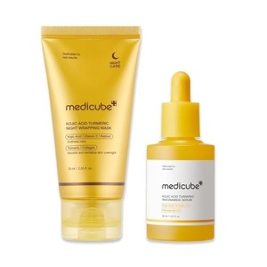 medicube Kojic Acid Overnight Care & Nourish Duo for Troubled Skin: Kojic Acid Turmeric Overnight Wrapping Peel Off Mask 2.0 and Kojic Acid Turmeric Clarifying & Balancing Capsule Serum