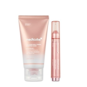 medicube Milky Collagen Double Glow Lock Duo: Collagen Glazed Milky Wrapping Mask and Booster Serum | 130DaCollagen, Niacinamide, Glutathione for Plumped, Radiant Glass Skin