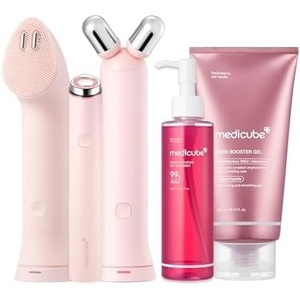 medicube Pink 3-in-1 Device & Skincare Set: Mini Booster Pro Plus Full Set, PDRN Jelly to Foam Cleanser and PDRN Booster Gel | Cleanse, Boost & Clear Pores for Radiant, Smooth Skin | Korean Device