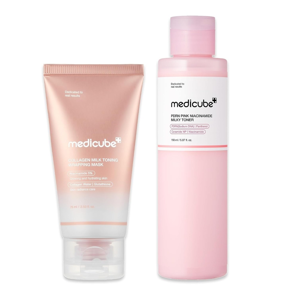 image:imagemedicube Milky Glazed Donut Skin Duo Collagen Glazed Milky Glow Wrapping Mask and PDRN Pink Niacinamide Milky Toner MoistureBoosting Toner and Mask for Radiant Glass Glow Skin