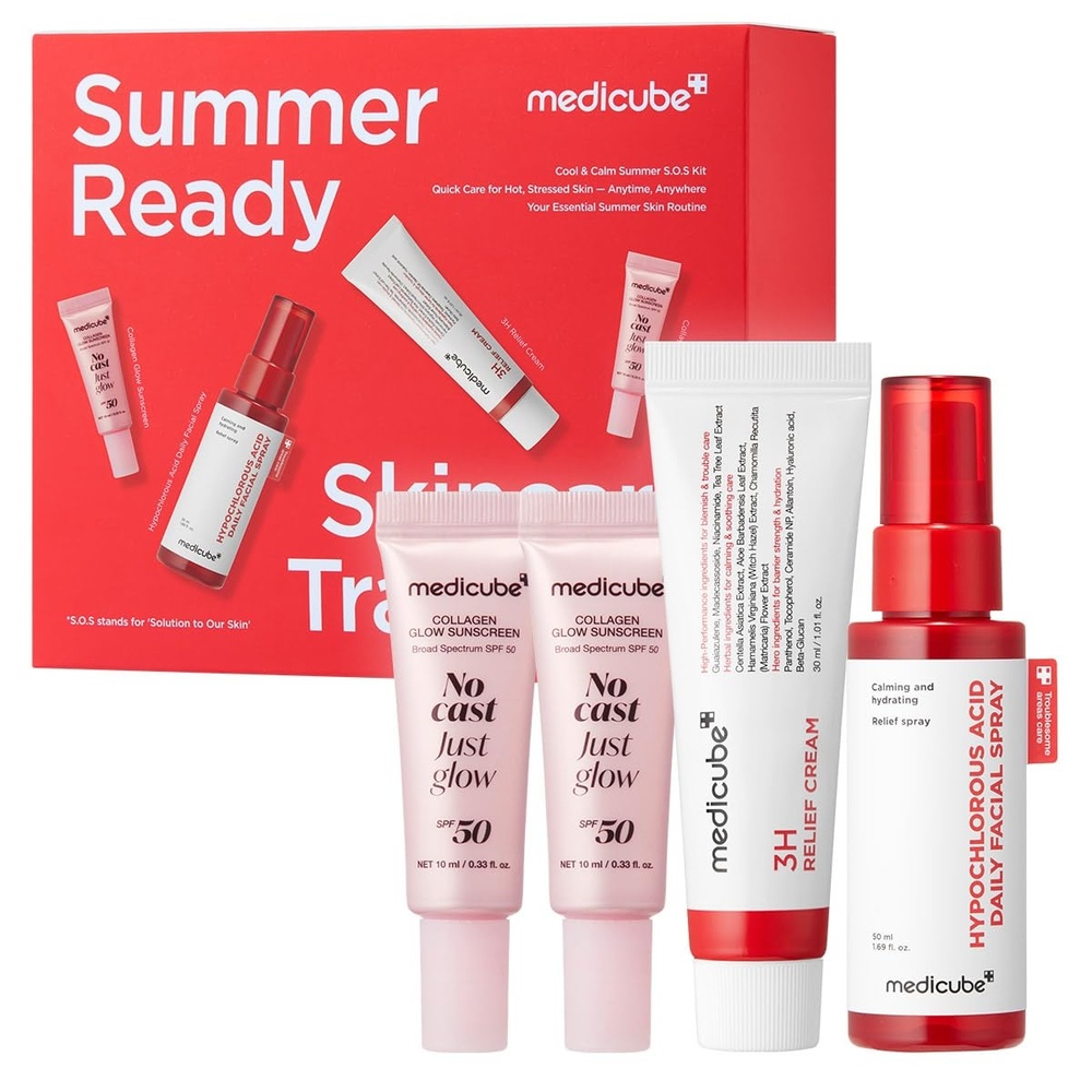 image:imagemedicube SummerReady Skincare Travel Kit for Quick Cooling amp Soothing Cooling amp Soothing Essential HOCl Spray Relief Cream amp SPF 50 Sunscreen for Irritated Skin Travel Size Skincare Gift SetTravel Kit