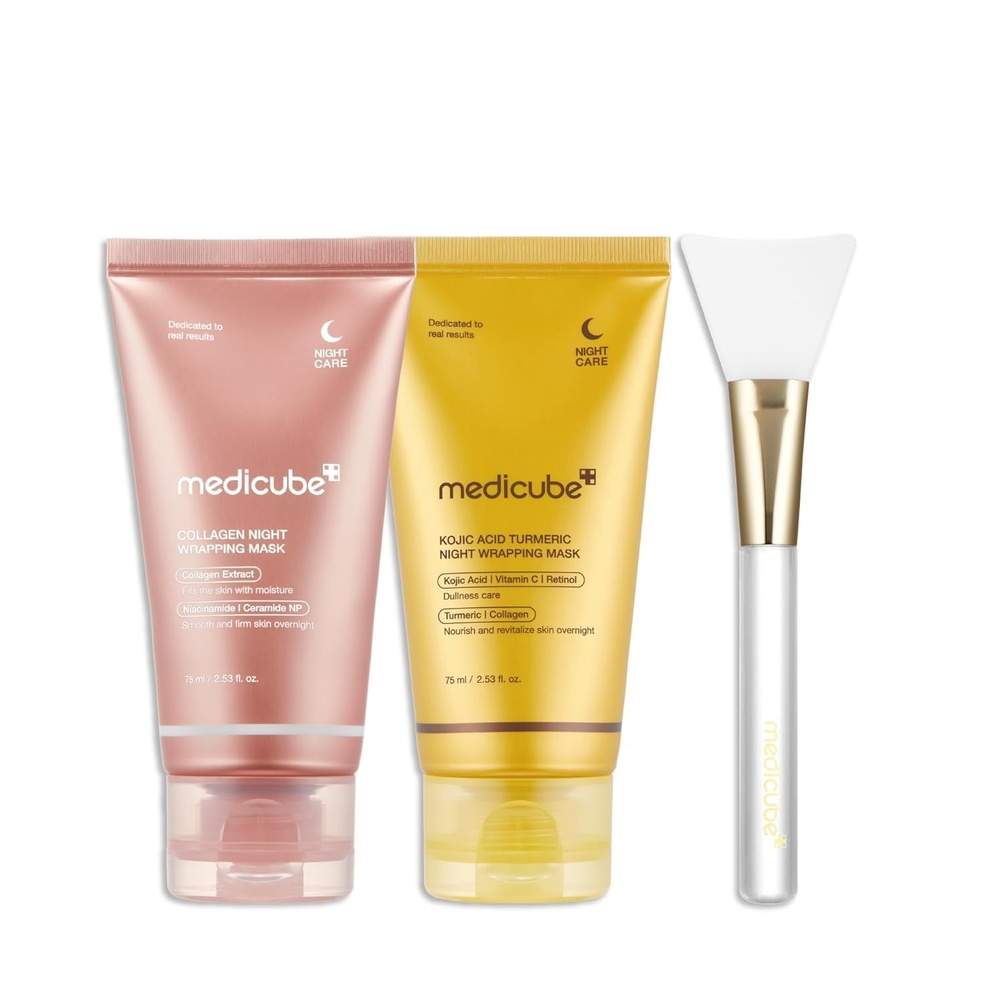 image:imagemedicube Viral Glass Glow Overnight Wrapping Mask Duo Collagen Overnight Wrapping Peel Off Facial Mask Pack and Turmeric Wrapping Peel Off Mask 20 and Jelly Brush Gifts for Women