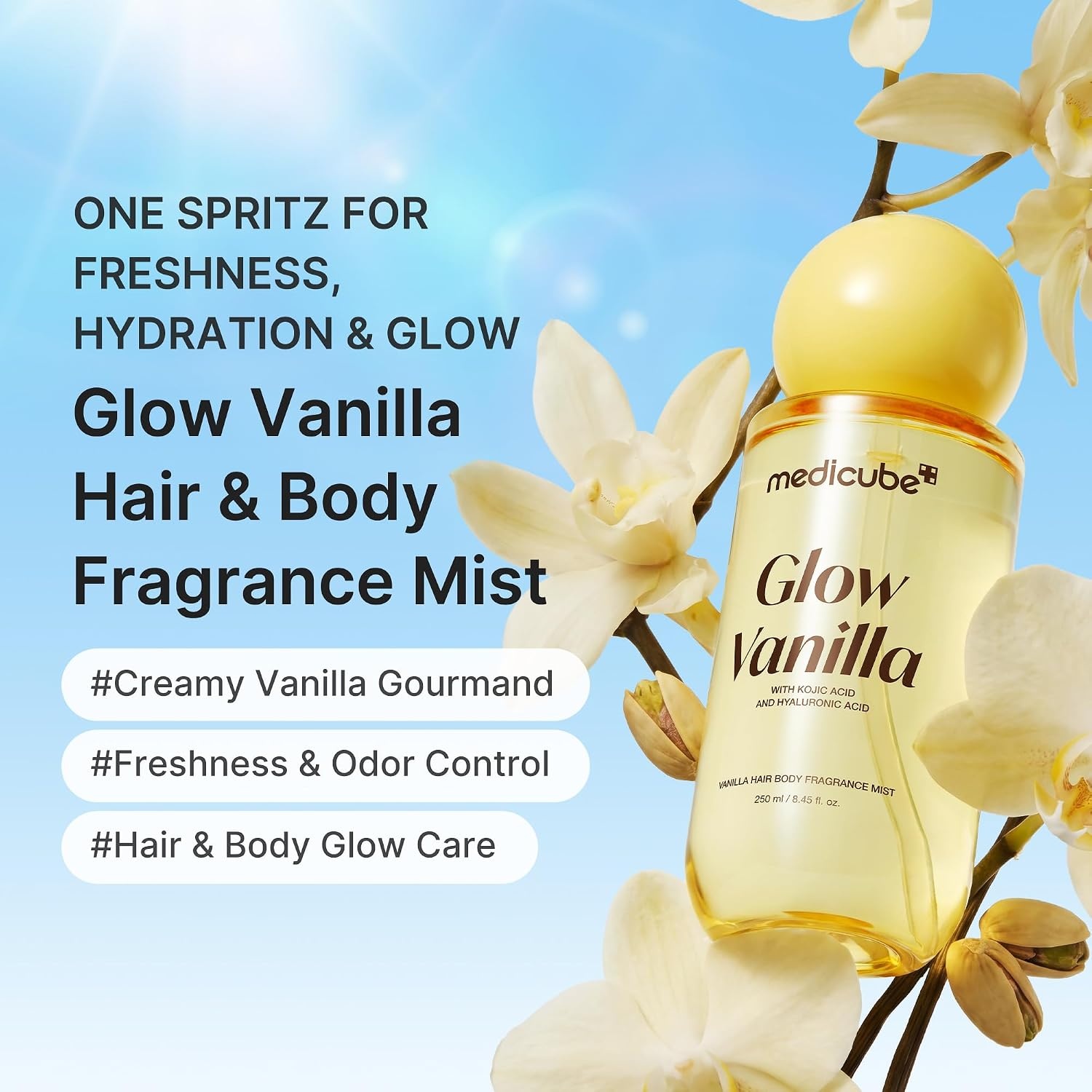 image:imagemedicube Glow Vanilla Hair amp Body Fragrance Mist 845 floz Sweet Creamy Vanilla Musk Perfume Mist with Niacinamide and Hyaluronic Acids Freshness Odor Care amp Glow Korean Body Care845 fl Oz