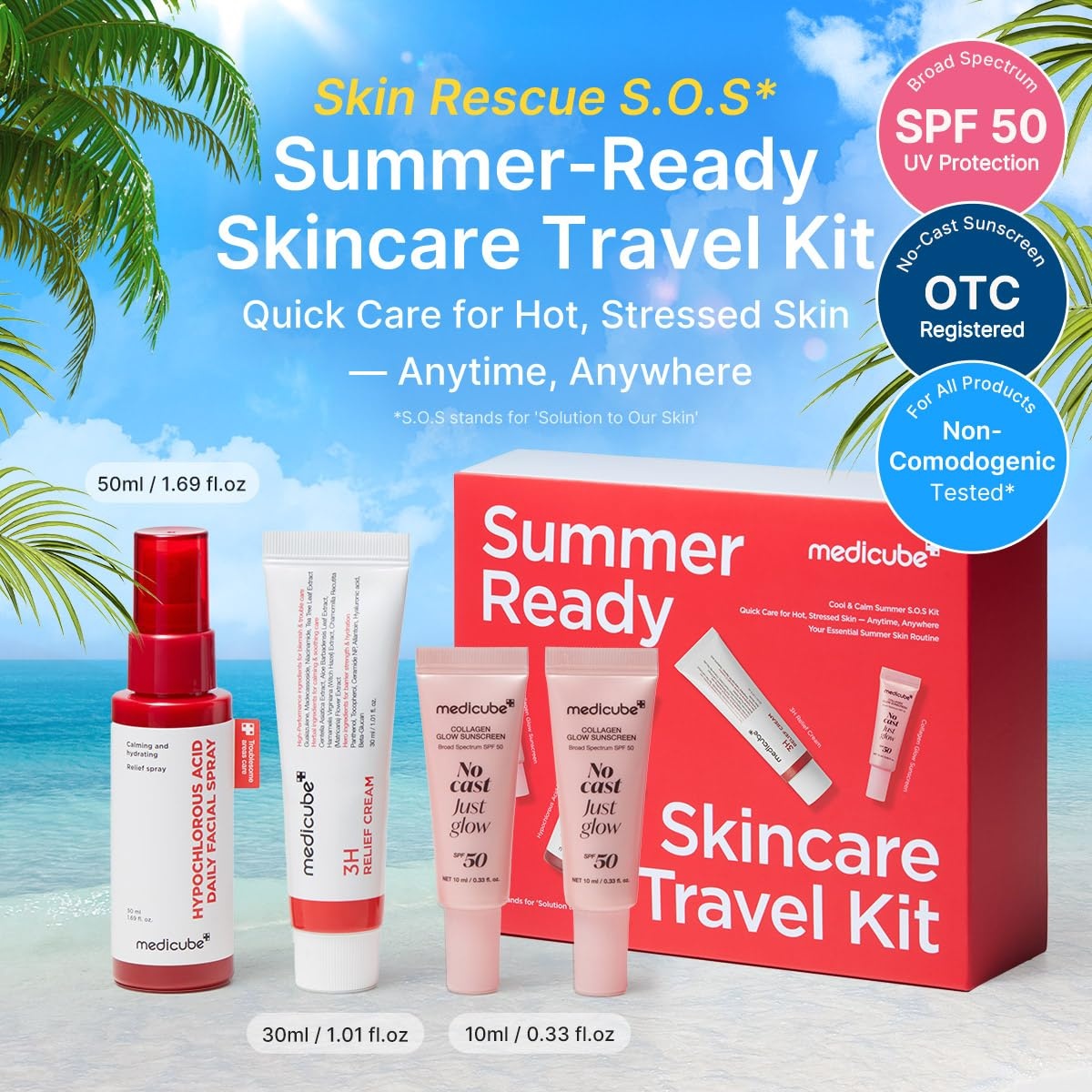 image:imagemedicube SummerReady Skincare Travel Kit for Quick Cooling amp Soothing Cooling amp Soothing Essential HOCl Spray Relief Cream amp SPF 50 Sunscreen for Irritated Skin Travel Size Skincare Gift SetTravel Kit