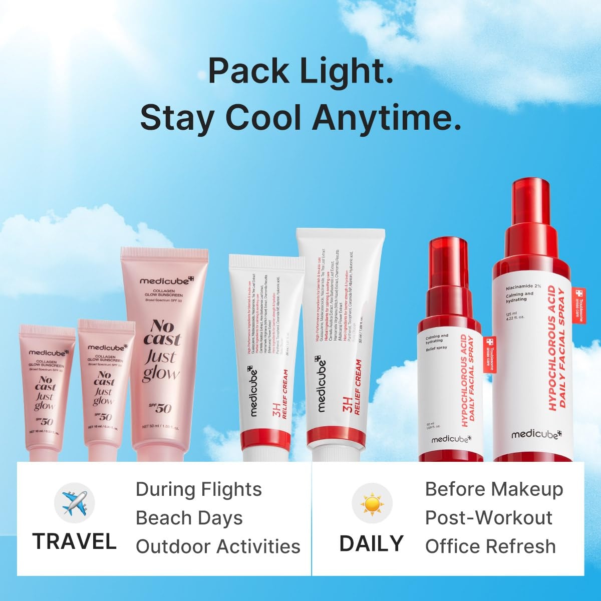 image:imagemedicube SummerReady Skincare Travel Kit for Quick Cooling amp Soothing Cooling amp Soothing Essential HOCl Spray Relief Cream amp SPF 50 Sunscreen for Irritated Skin Travel Size Skincare Gift SetTravel Kit