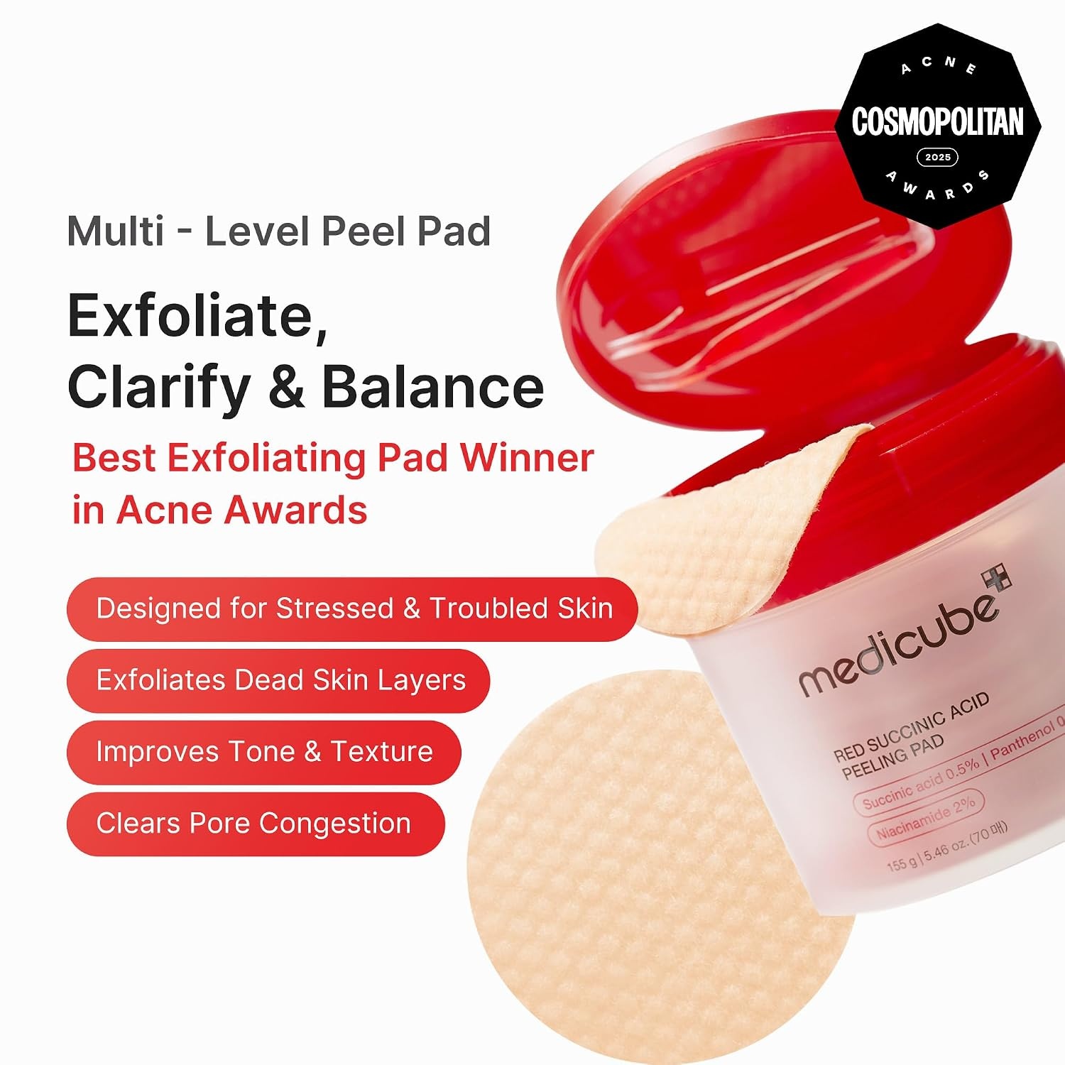 image:imagemedicube Toner Pads Deep Vita C Facial Toner Pad for Uneven Skin Tone amp Texture Vitamin Water and 3 Types of Vitamin Deeply Hydrating amp Resurfacing Pad Korean Skin Care 70 Pads 1 PackRed Succinic Acid Pads