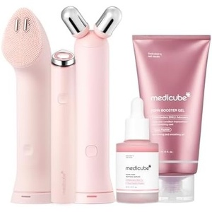 medicube All-in-One Skin Booster Device & Skincare Set (Pink): Mini Booster Pro Plus Full Facial Set, PDRN Peptide Serum, Booster Gel | 3-in-1 Korean Facial Device for Cleansing, Firming, Hydrating