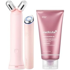 medicube At-Home Contour & Define Device Set: Mini Booster Pro Plus Face Roller Device Set Pink and PDRN Booster Gel | PDRN, Peptides & Niacinamide | Face & Body Massager for Depuffing & Contouring