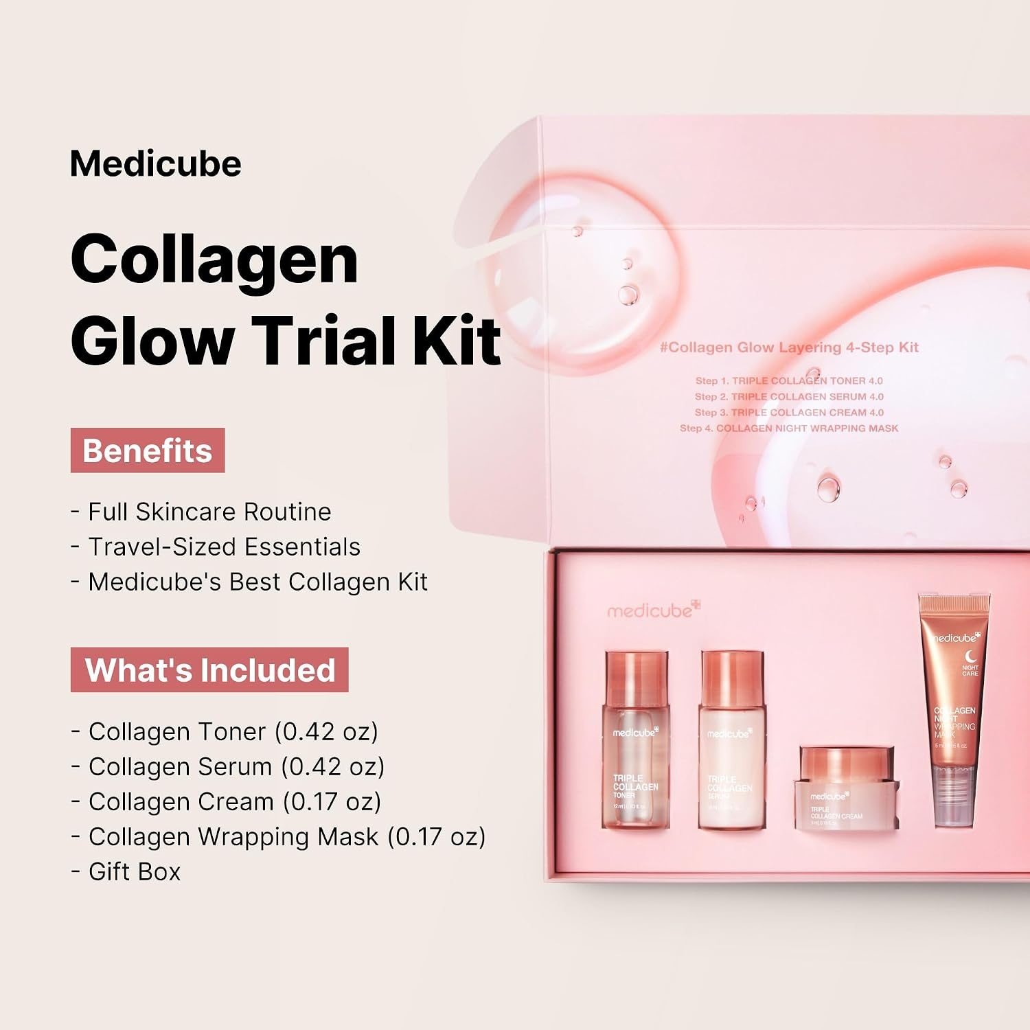 image:imagemedicube Glass Skin Collagen Trial Kit Korean Skincare Set and Kit Gifts for women 4Step Skincare Set for glowy skin Travel Size Pack of 24 Count Pack of 1